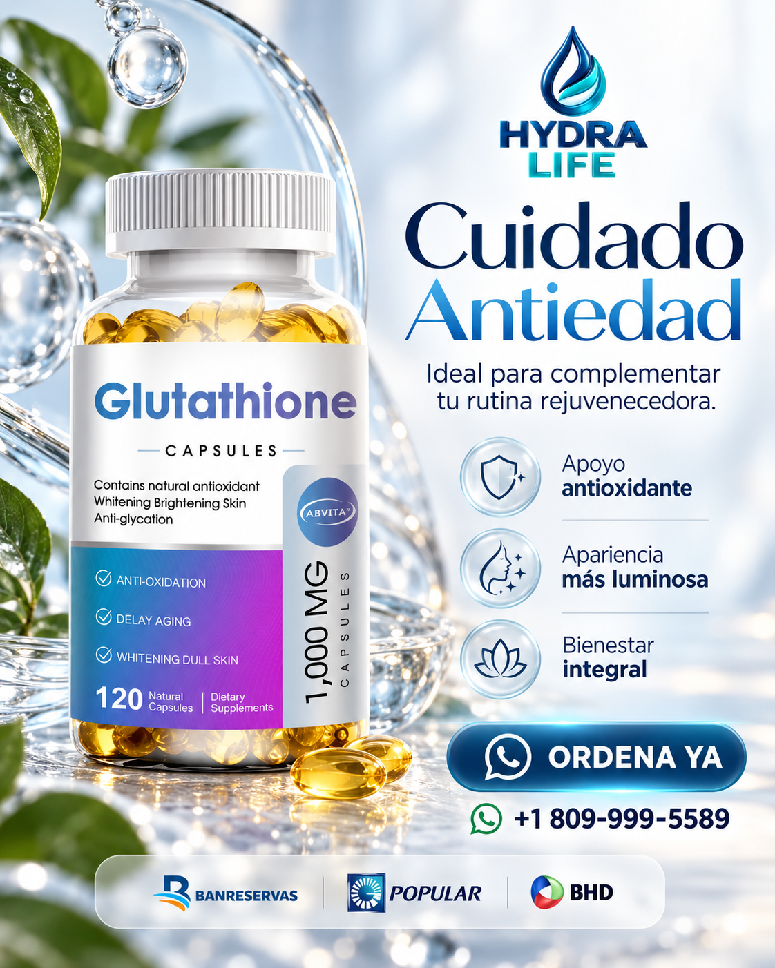 Glutatión 1000 mg™ | Fórmula Rejuvenecedora y Antiedad para una Piel Más Radiante y Cuidada Desde el Interior