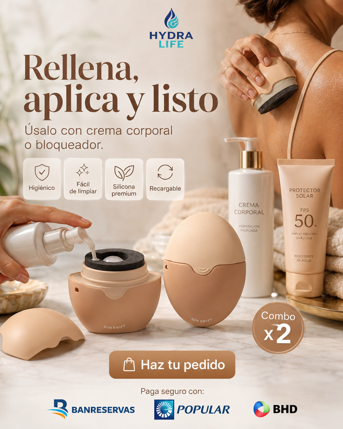 2 Aplicadores Recargables para Crema y Bloqueador | Aplica Uniformemente Sin Ensuciarte las Manos