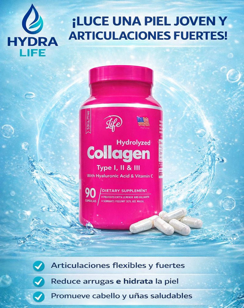 Colágeno Hidrolizado Hydra Life (90) Cápsulas: Colágeno Premium con Ácido Hialurónico