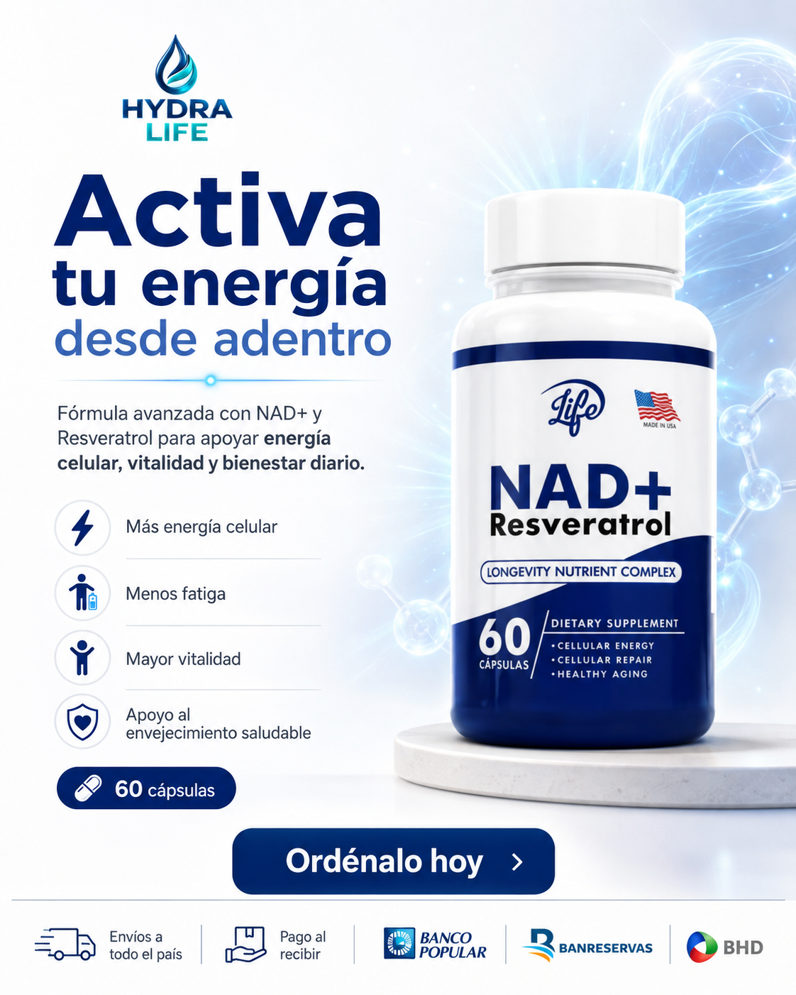 NAD+ Resveratrol Hydra Life 60 Cápsulas: Activa tu Energía Celular y dile Adiós al envejecimiento