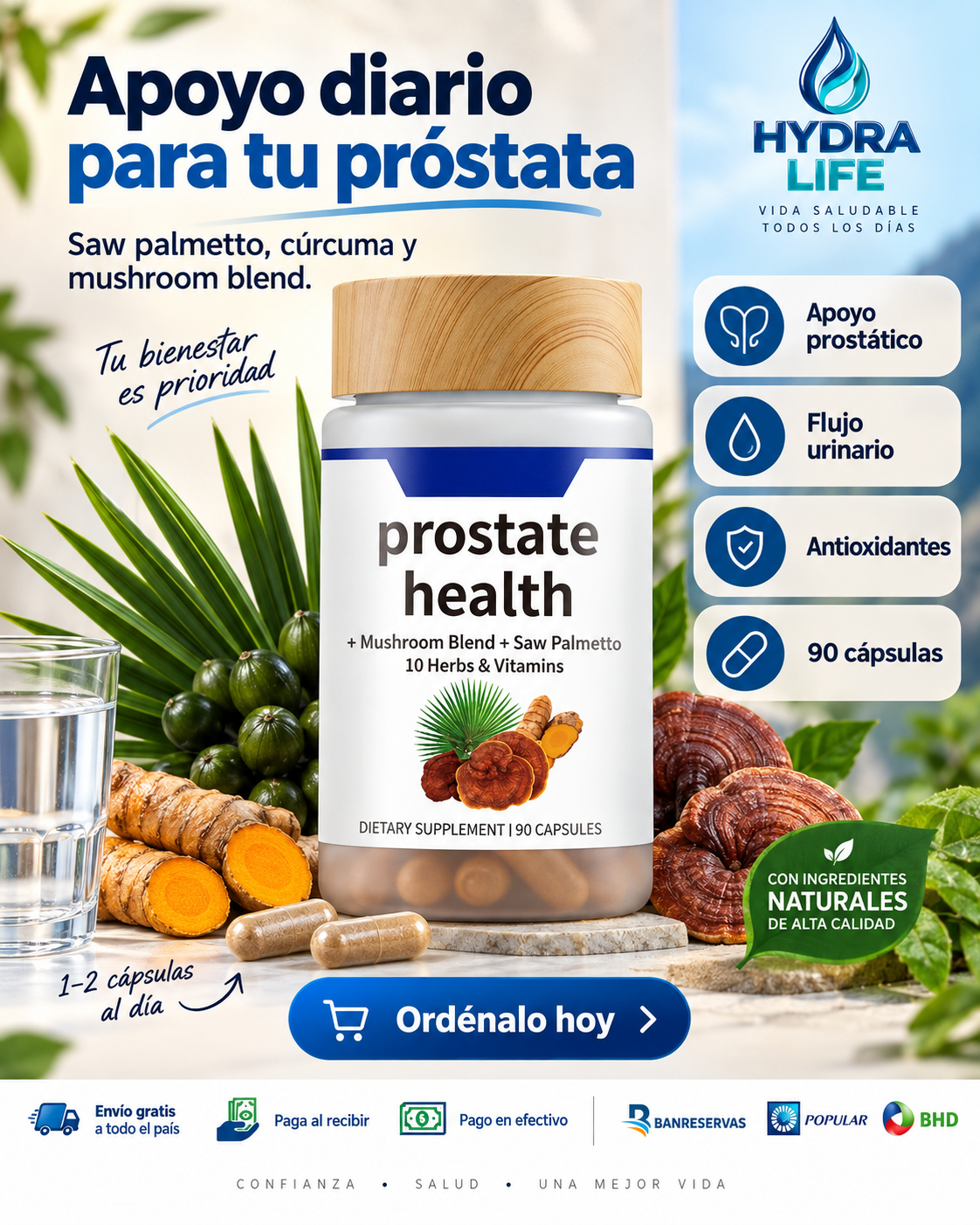 Prostate Health™ 60 Capsulas | Saw Palmetto, Hongos y Cúrcuma: Apoyo diario para próstata y flujo urinario