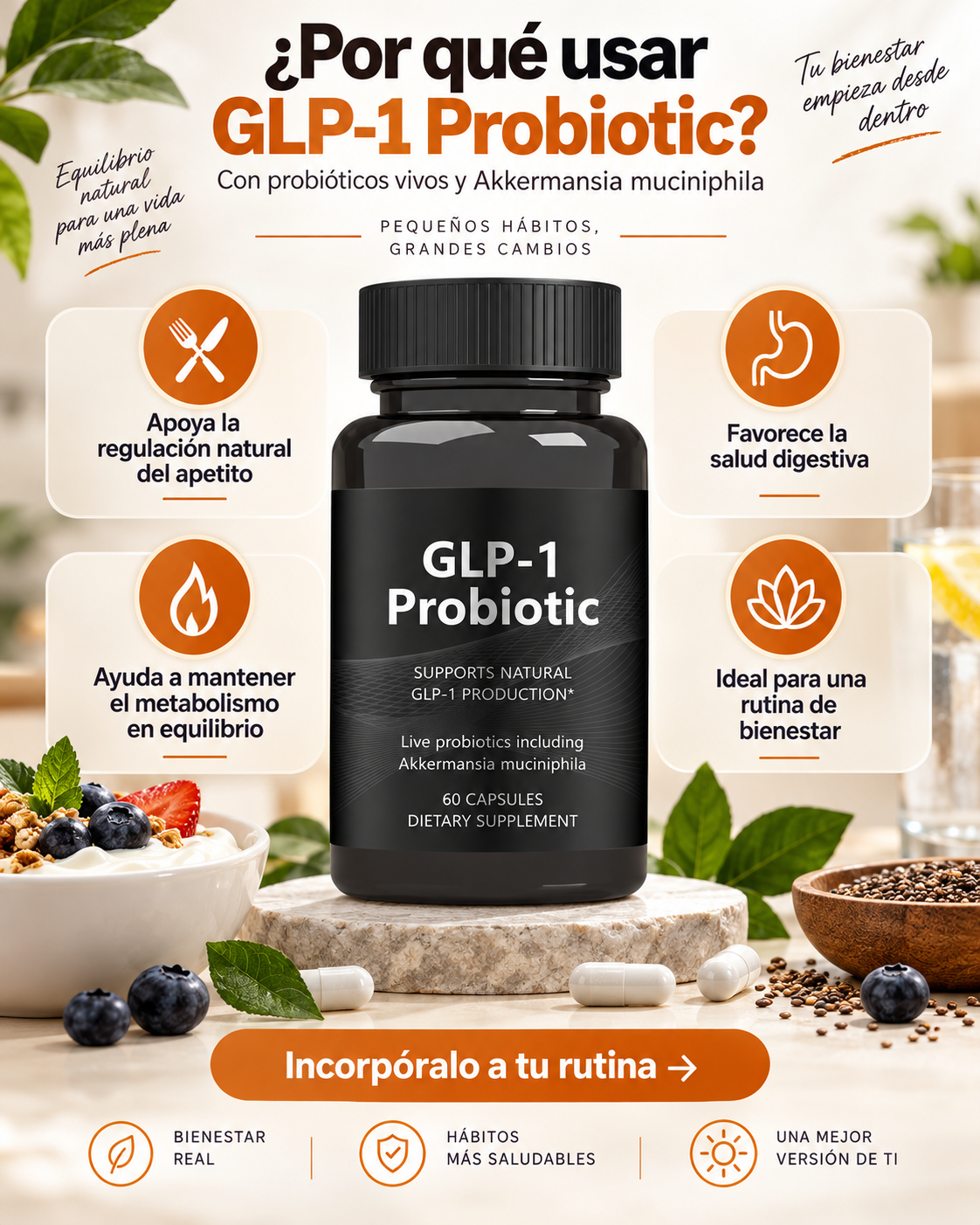 GLP-1 Probiotic – Apoyo Natural para el Control del Apetito, la Salud Digestiva y el Bienestar Metabólico | 60 Cápsulas