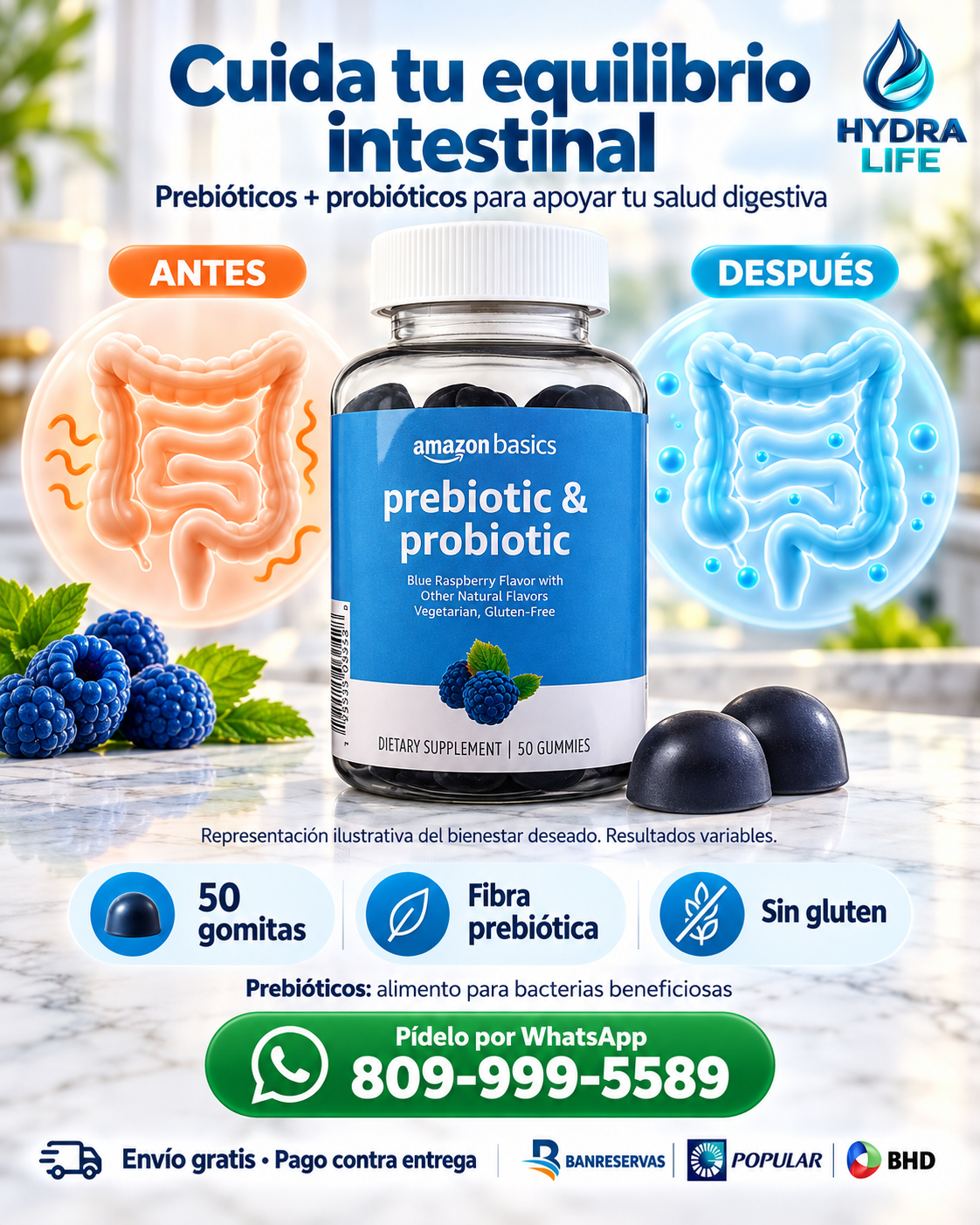 Amazon Basics Prebióticos + Probióticos | Bienestar digestivo en 50 gomitas