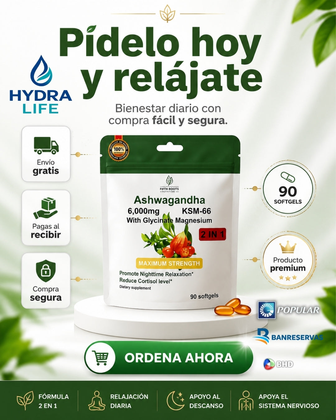Ashwagandha KSM-66 + Magnesio Glicinato: Fórmula Antiestrés & Descanso | 90 Capsulas