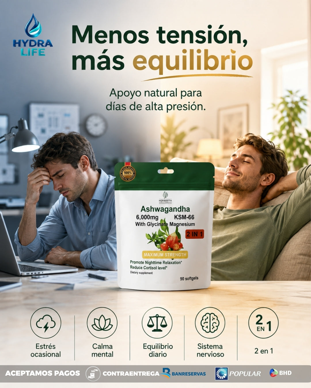 Ashwagandha KSM-66 + Magnesio Glicinato: Fórmula Antiestrés & Descanso | 90 Capsulas