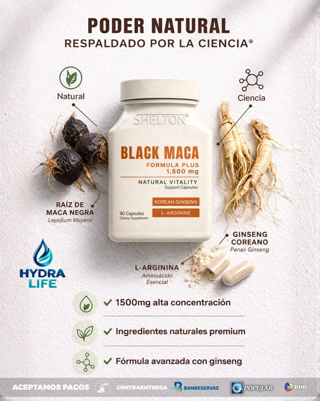 Black maca Koreana (90 Capsulas) 1500Mg SHELTON™: 2x más potencia, 2x más resistencia, 2x más sastifacción