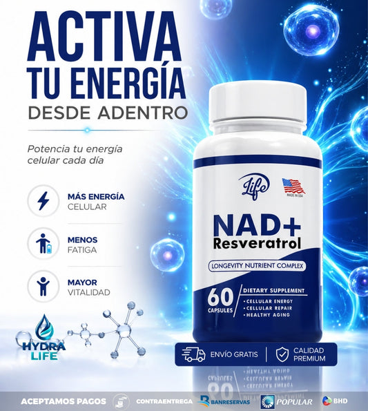 NAD+ Resveratrol Hydra Life 60 Cápsulas: Activa tu Energía Celular y dile Adiós al envejecimiento