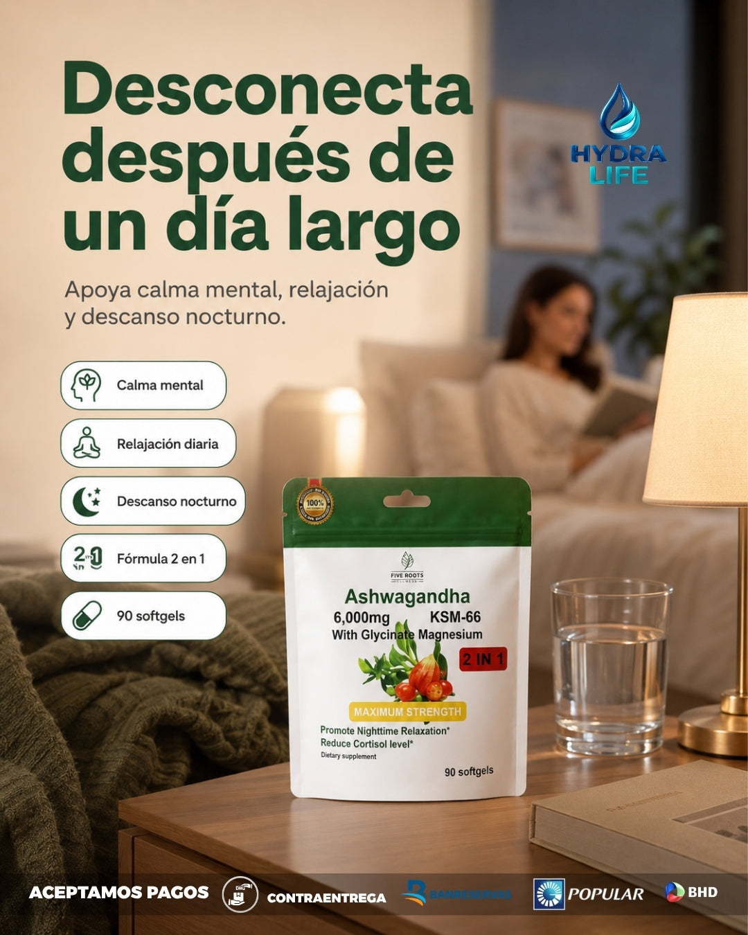 Ashwagandha KSM-66 + Magnesio Glicinato: Fórmula Antiestrés & Descanso | 90 Capsulas