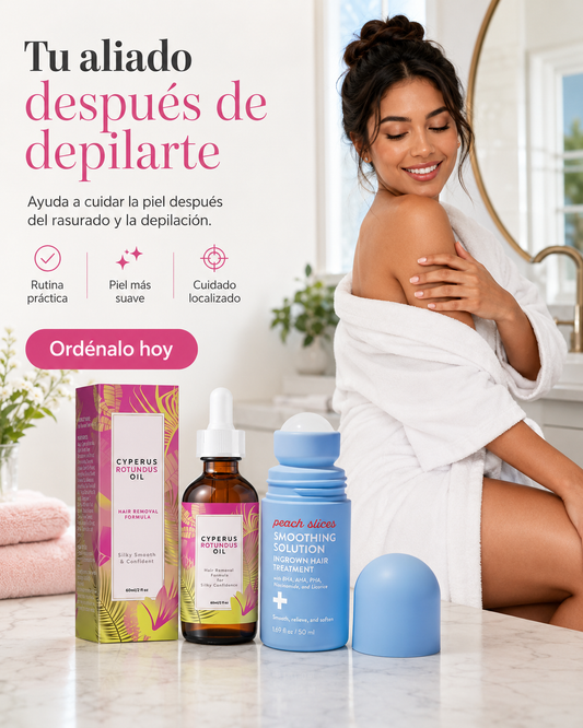 Cyperus Rotundus Oil + Peach Slices™ | Menos vellos encarnados, irritación y apariencia de manchas: ¡Depílate sin volver a esconder tu piel!