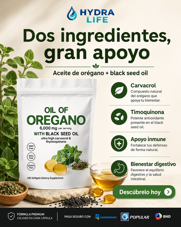 Cápsulas de Aceite de Orégano 4 en 1 | Orégano + Semilla Negra + Saúco + D3 | 180 Cápsulas | HydraLife™