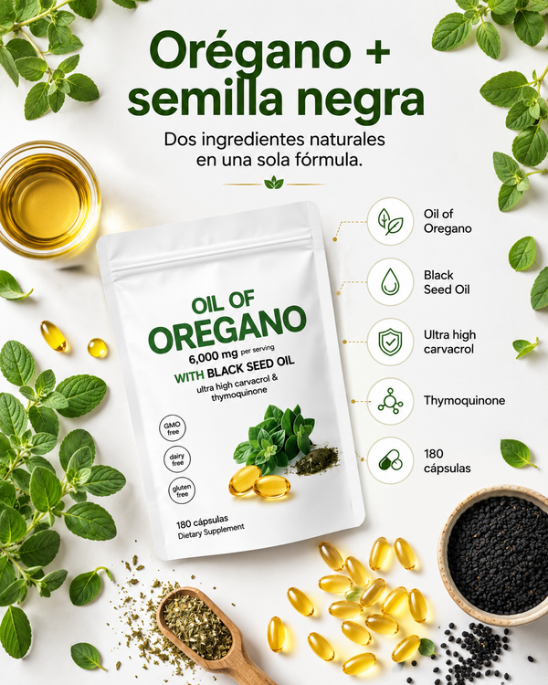 Cápsulas de Aceite de Orégano 4 en 1 | Orégano + Semilla Negra + Saúco + D3 | 180 Cápsulas | HydraLife™