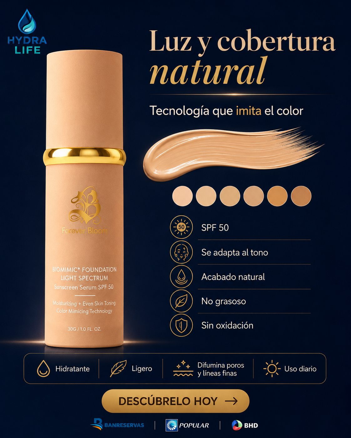 Base de Maquillaje + Protector Solar  SPF 50 Forever Bloom | Base en Suero Hidratante con Acabado Natural y Tecnología que se Adapta al Tono ✨☀️