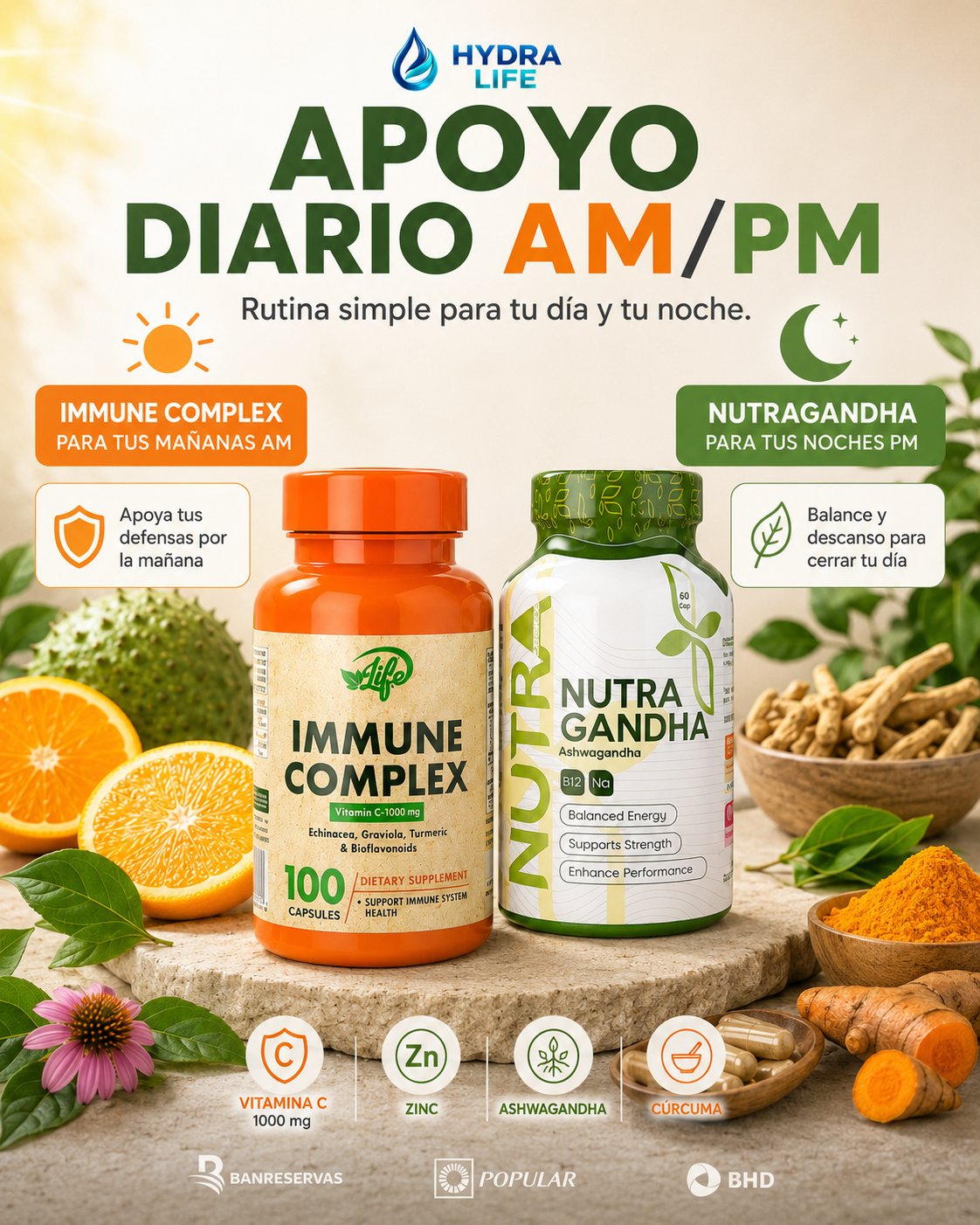 TU RUTINA DIARIA Vitamina C + Vitamina D + Curcuma + Ashwhagandha | Immune Complex en la mañana + Nutragandha en la noche: apoya tus defensas, tu energía diaria y tu descanso.