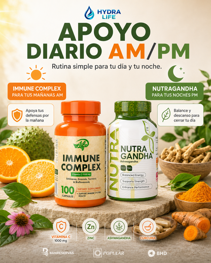 TU RUTINA DIARIA Vitamina C + Vitamina D + Curcuma + Ashwhagandha | Immune Complex en la mañana + Nutragandha en la noche: apoya tus defensas, tu energía diaria y tu descanso.