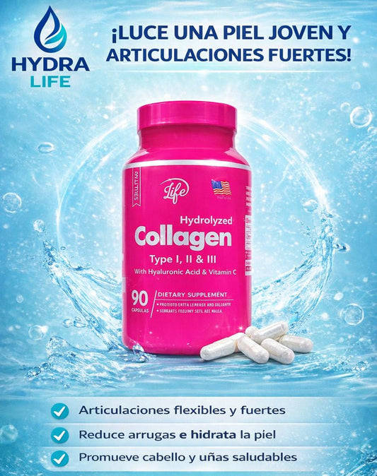 Colágeno Hidrolizado Hydra Life  (90) Cápsulas: Colágeno Premium con Ácido Hialurónico