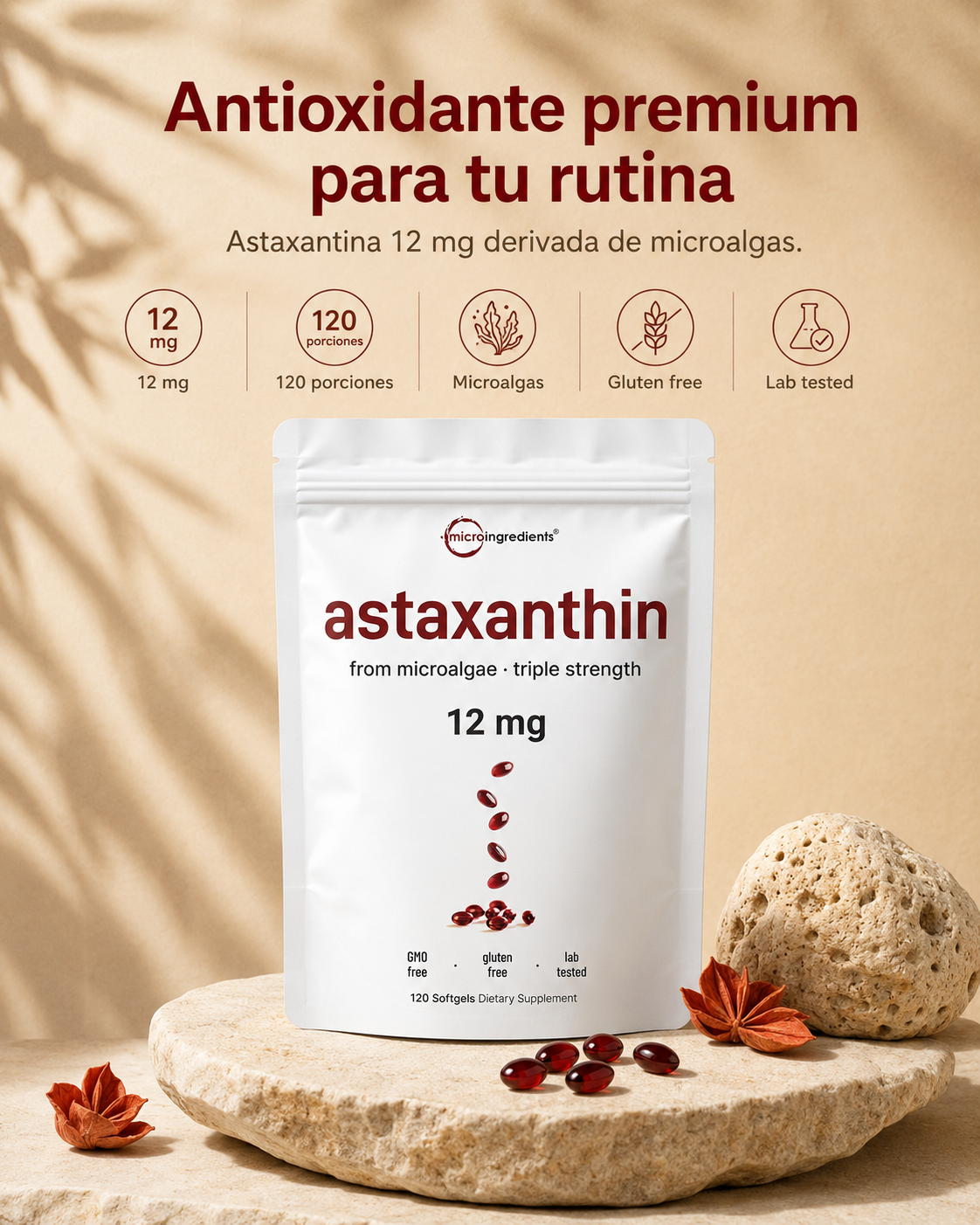 ASTAXANTINA™ 12mg | El Antioxidante Natural en Cápsulas: Combate el Estrés Oxidativo y Apoya tu Piel, Visión y Bienestar desde Adentro