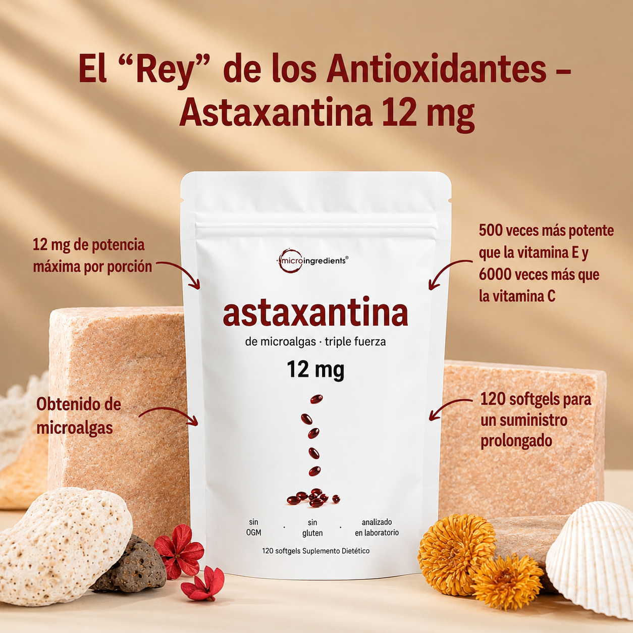 ASTAXANTINA™ 12mg | El Antioxidante Natural en Cápsulas: Combate el Estrés Oxidativo y Apoya tu Piel, Visión y Bienestar desde Adentro