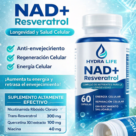 NAD+ Resveratrol Hydra Life 60 Cápsulas: Activa tu Energía Celular y dile Adiós al envejecimiento