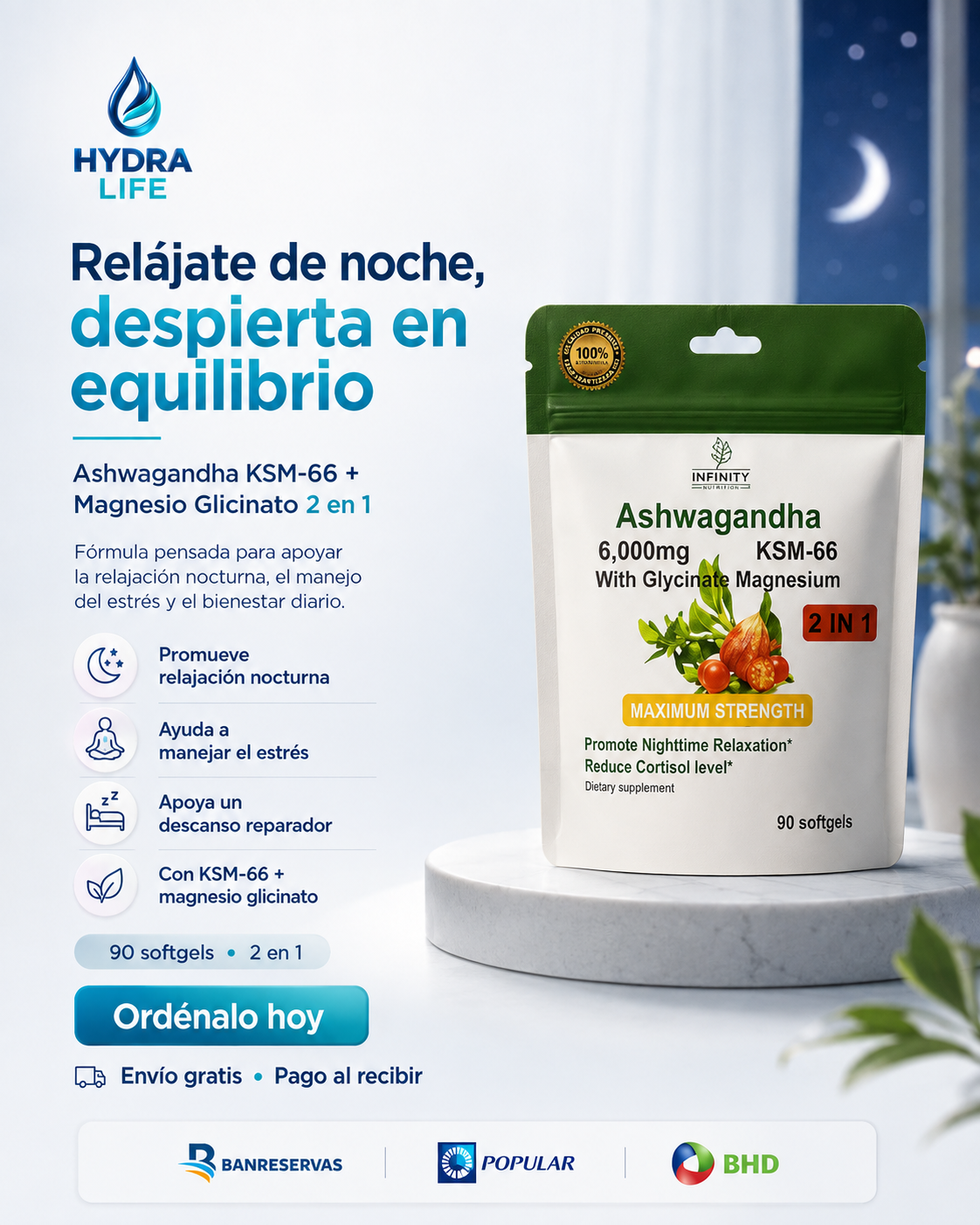 Ashwagandha KSM-66 + Magnesio Glicinato: Fórmula Antiestrés & Descanso | 90 Capsulas