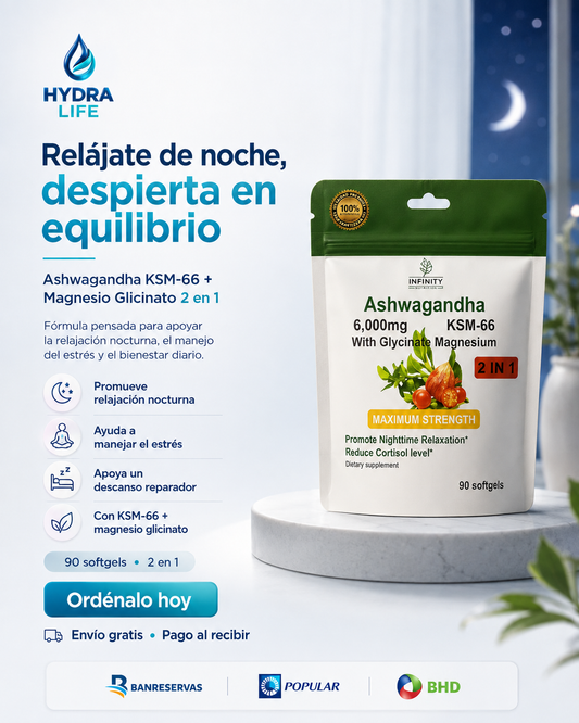 Ashwagandha KSM-66 + Magnesio Glicinato: Fórmula Antiestrés & Descanso | 90 Capsulas