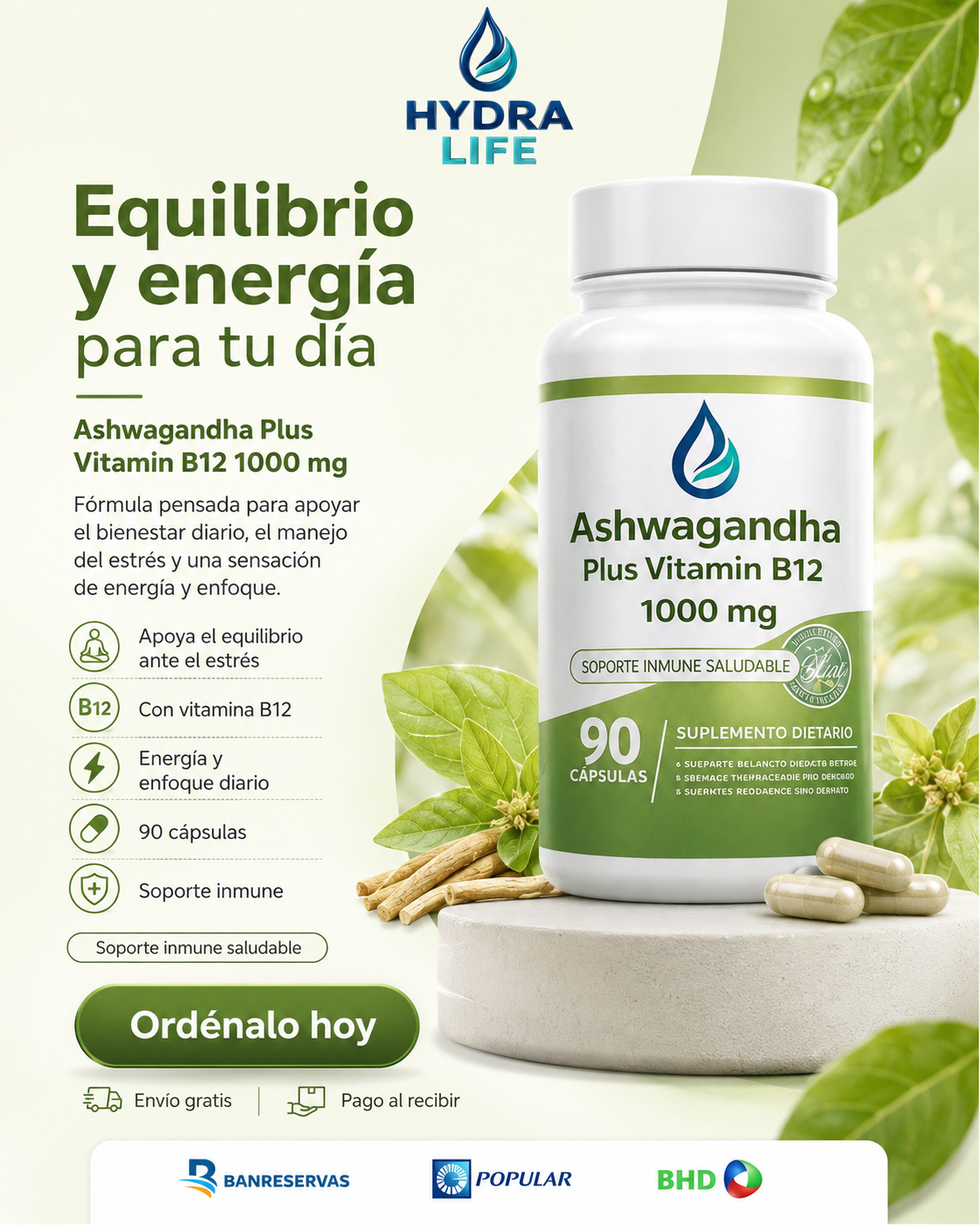 Ashwagandha Plus Vitamin B12 1000mg:  90 Cápsulas para Controlar el Estrés y Aumentar tu Energía