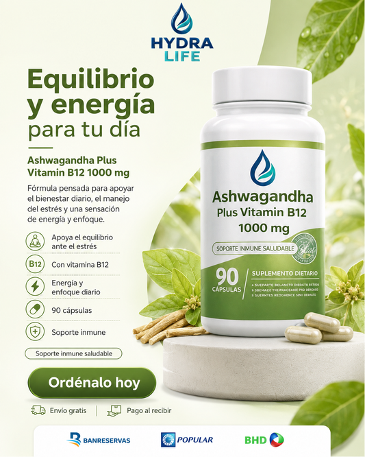 Ashwagandha Plus Vitamin B12 1000mg:  90 Cápsulas para Controlar el Estrés y Aumentar tu Energía