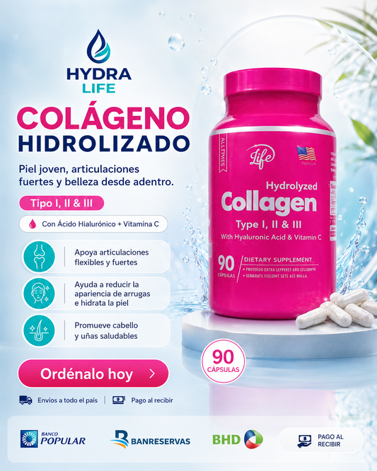 Colágeno Hidrolizado Hydra Life  (90) Cápsulas: Colágeno Premium con Ácido Hialurónico