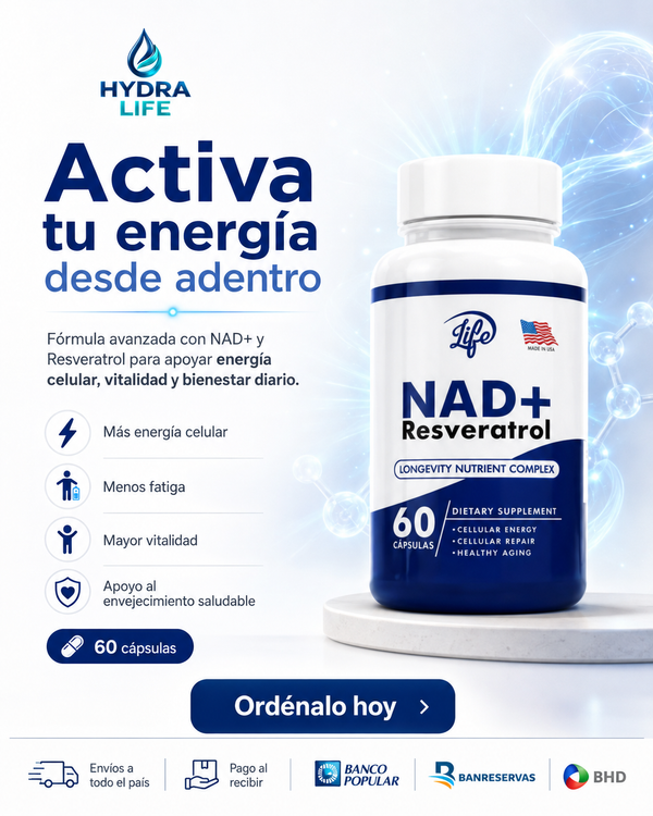 NAD+ Resveratrol Hydra Life 60 Cápsulas: Activa tu Energía Celular y dile Adiós al envejecimiento