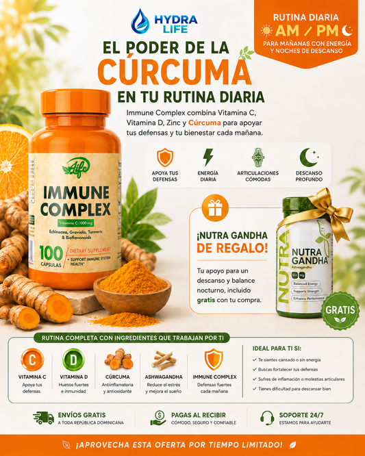 Cúrcuma Immune Complex | Vitamina C + D + Zinc + Nutra Gandha GRATIS