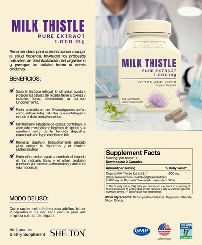 Milk Thistle Shelton 1,000 mg | 60 Cápsulas para Apoyo Hepático y Antioxidante: Cuida tu Hígado Todos los Días