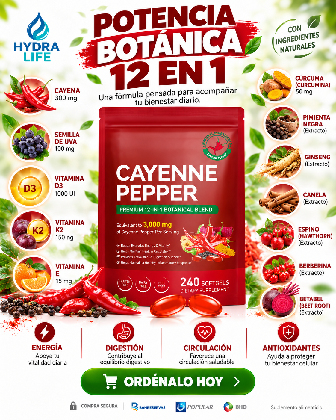 Cayenne Pepper 12 en 1™ | Más Energía, Vitalidad y Bienestar Cada Día con una Potente Fórmula Botánica de 240 Softgels