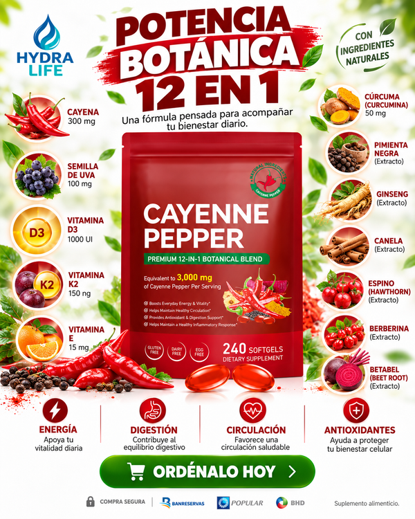 Cayenne Pepper 12 en 1™ | Más Energía, Vitalidad y Bienestar Cada Día con una Potente Fórmula Botánica de 240 Softgels