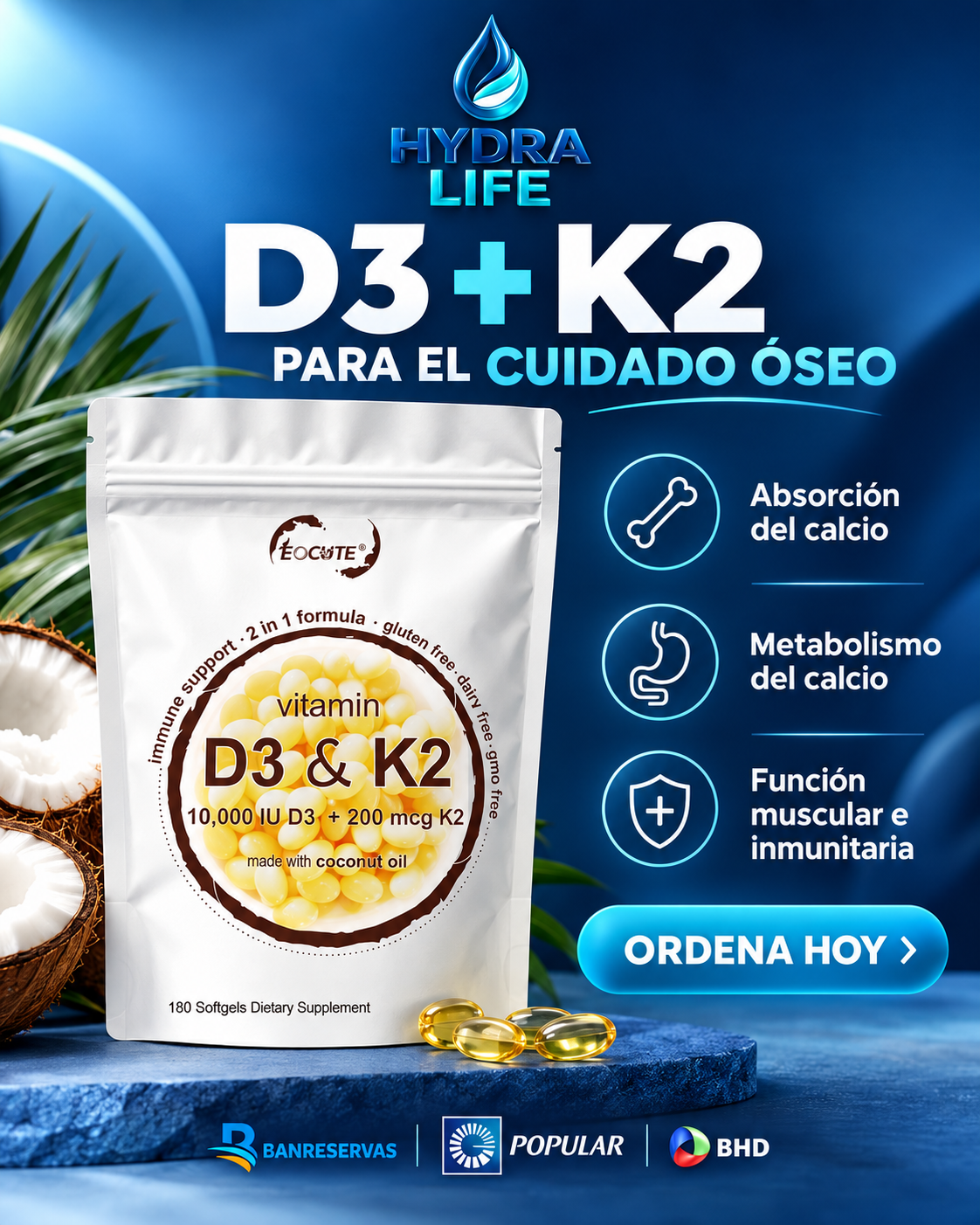 Vitamina D3 + K2 | Apoya la absorción del calcio y el cuidado de tus huesos | 300 cápsulas blandas
