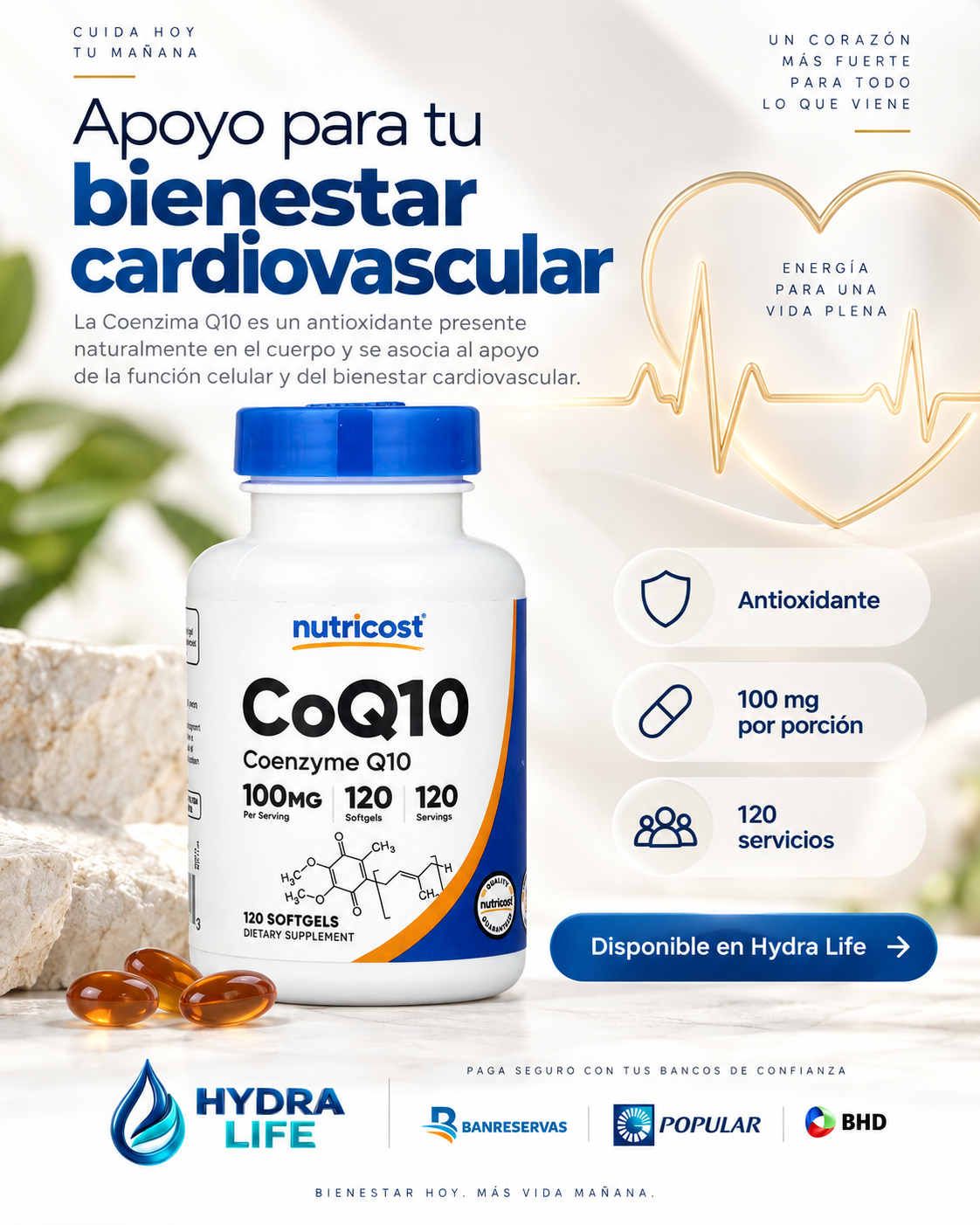 CoQ10 Nutricost 100 mg™ – Energía Celular, Salud Cardiovascular y Protección Antioxidante | 120 Softgels