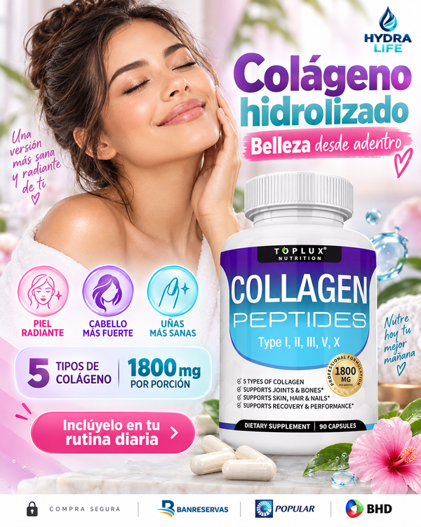 Toplux Collageno Peptidos™ | Cuida tu Piel, Fortalece tu Rutina Capilar y Apoya tus Huesos y Articulaciones con 5 Tipos de Colágeno Hidrolizado – 90 Cápsulas