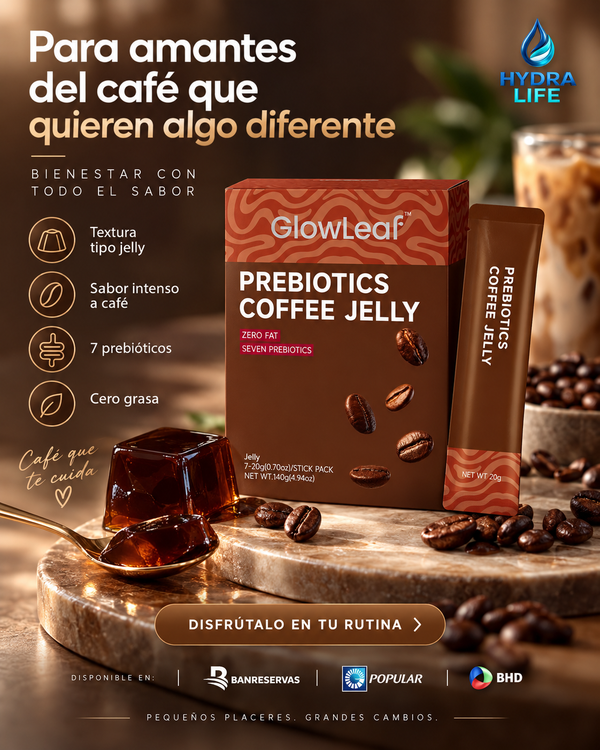 Café en Gelatina con 7 Prebióticos: GlowLeaf Prebiotics Coffee Jelly™ | para el Bienestar Digestivo, Cero Grasa y Formato Práctico