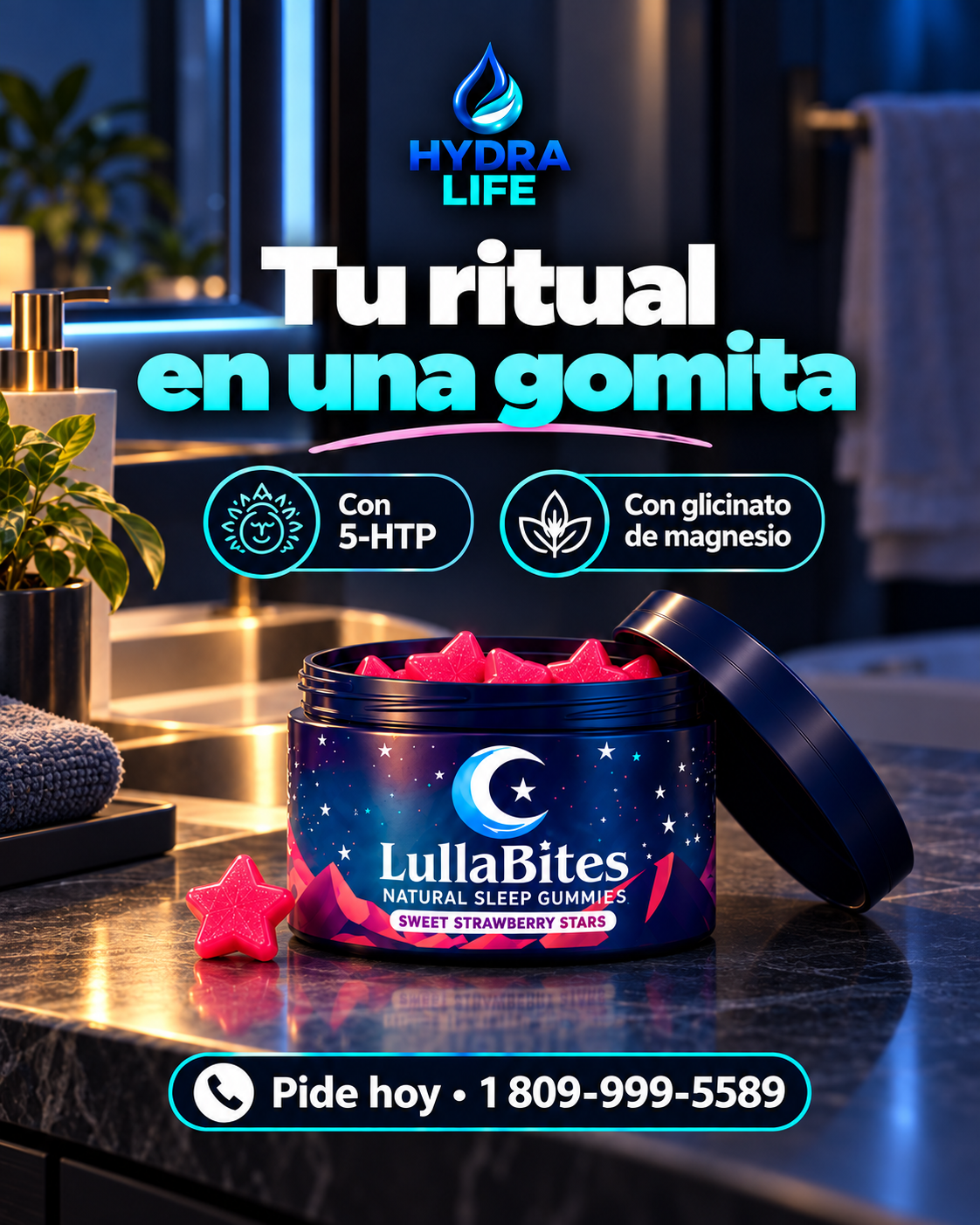 LullaBites | Gomitas Naturales para Dormir|  Sabor Fresa, Sin Melatonina, 60 Gomitas