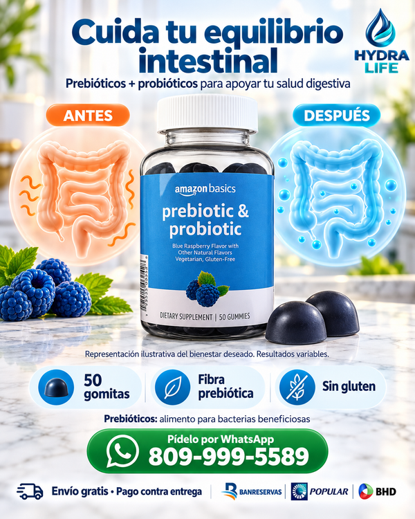 Amazon Basics Prebióticos + Probióticos | Bienestar digestivo en 50 gomitas