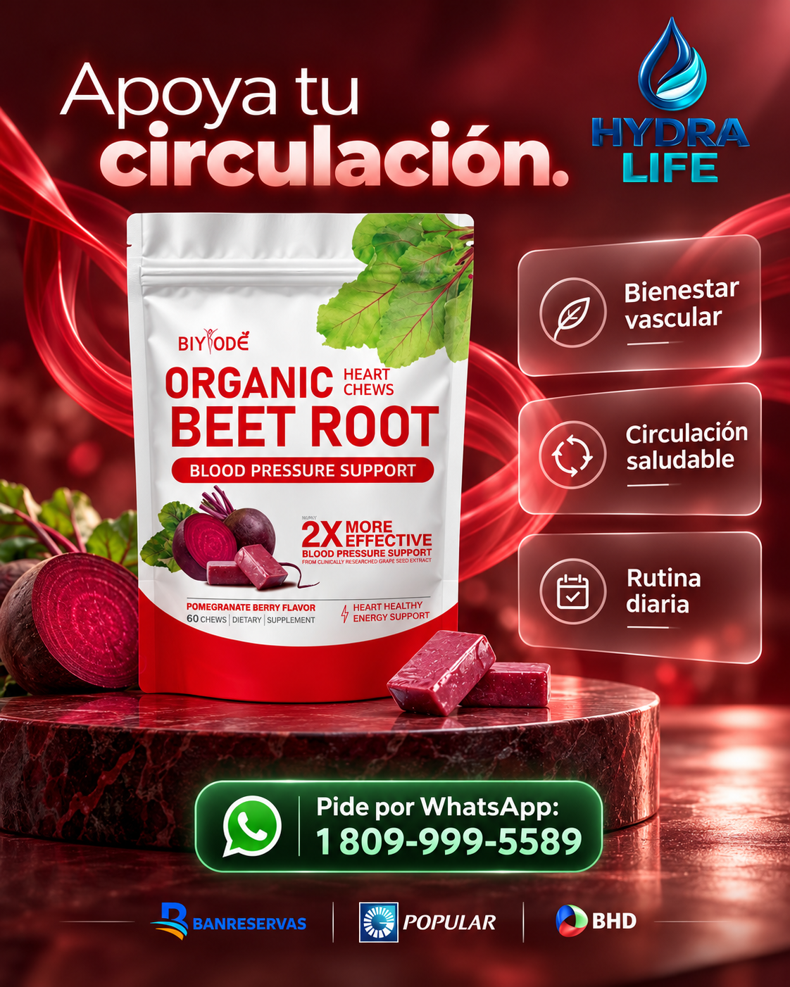 BIYODÉ Remolacha + Semilla de Uva | Apoya tu Circulación, Corazón y Vitalidad Diaria | 60 Masticables