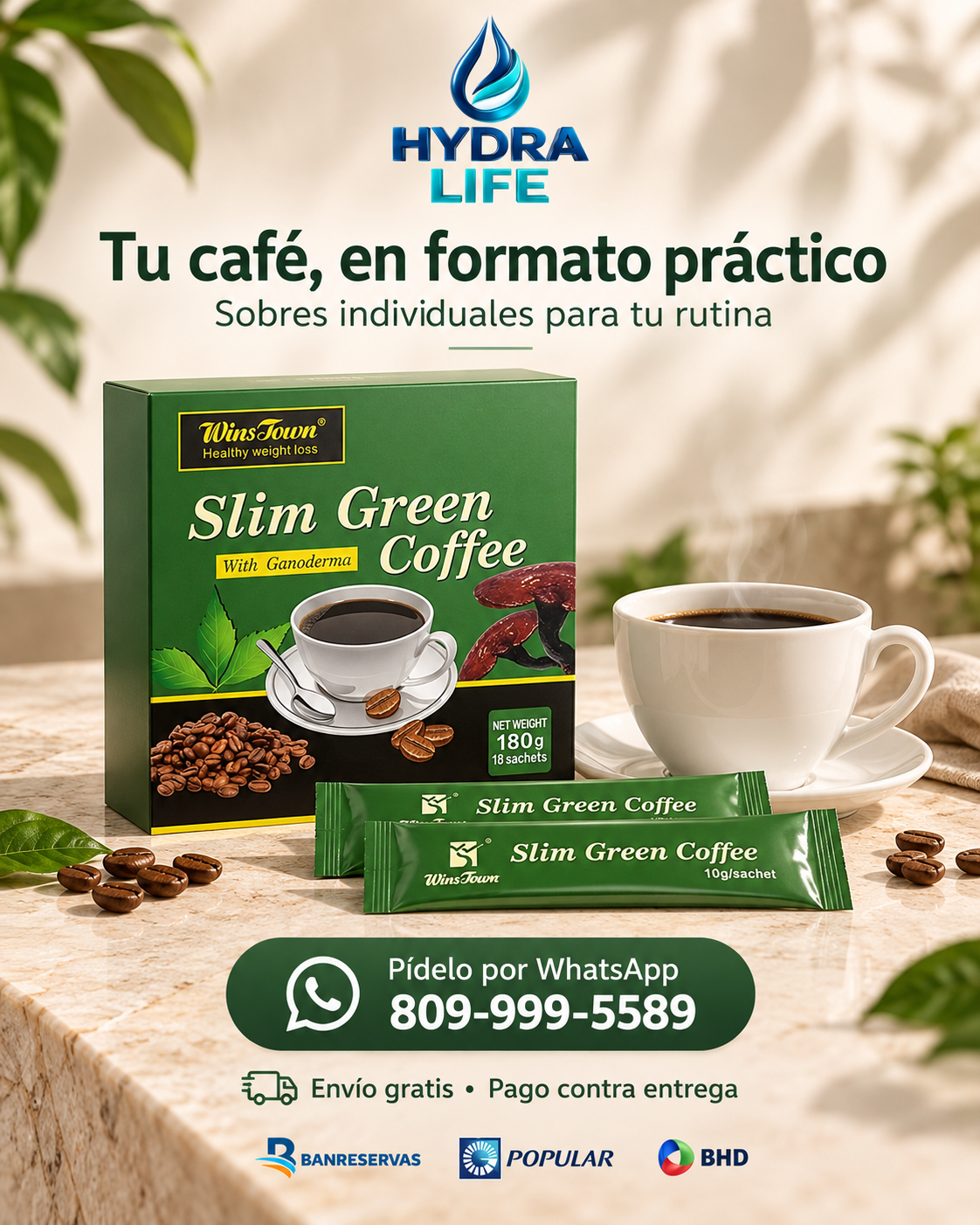 Slim Green Coffee | Café verde con ganoderma | 18 sobres, 180 g.