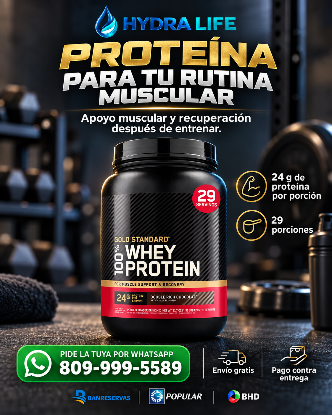 Whey Protein Chocolate | 24 g de proteína para apoyo muscular y recuperación | 29 porciones