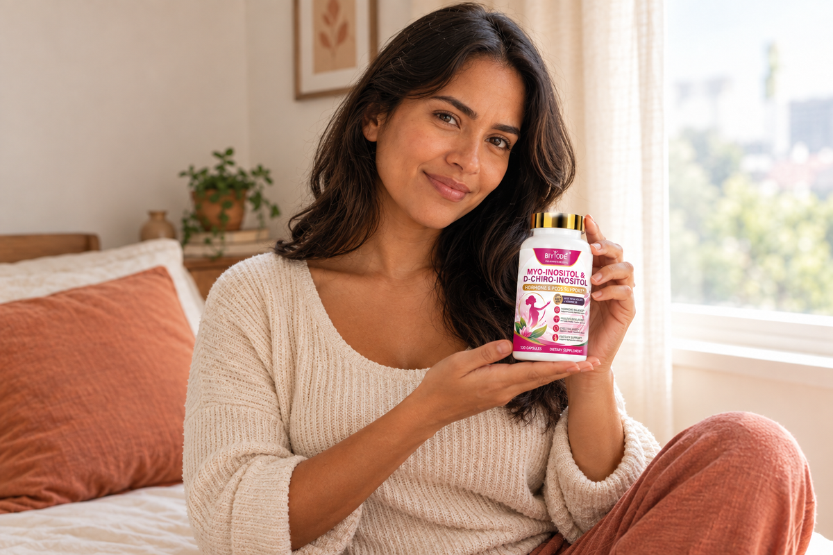 Mujer sonriente sosteniendo el frasco