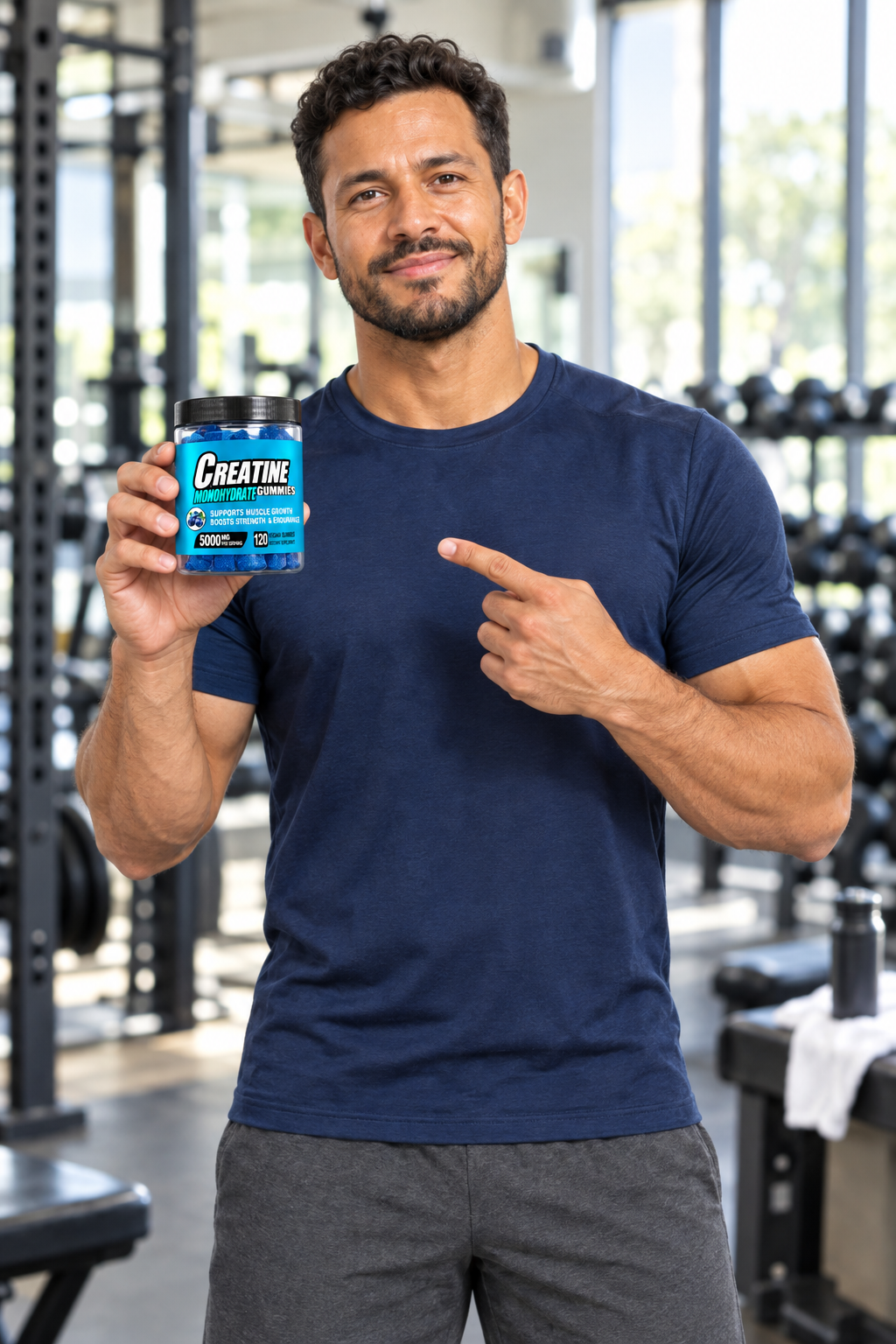 Tu avatar sonriendo con tu producto después del entrenamiento
